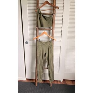 Fabletics Olive Green Moto Leggings and‎ One Shoulder Sports Bra Set